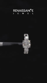Platinum Cushion Cut Diamond Three-Stone Ring with Pavé Split Shank and Four-Prong Setting