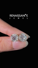 Yellow gold Round Cut Diamond Halo Stud Earrings with Pavé Accents