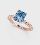 Rose gold Fancy Blue Radiant Cut Diamond Solitaire Ring with Beaded Band and Prong Setting