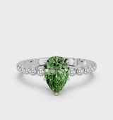 White gold Fancy Green Pear Cut Diamond Solitaire Ring with Beaded Band and Prong Setting