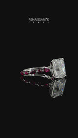 Silver Radiant Cut Diamond Ring with Marquise and Round with Ruby side stone Side Stones and Four-Prong Setting