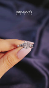 Silver Cushion Cut Diamond Solitaire Ring with Filigree Band and Four-Prong Setting
