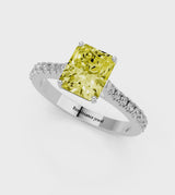 White gold Fancy Yellow Radiant  Cut Solitaire Diamond Engagement Ring with Pave Band and Four-Prong Setting