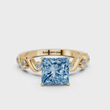 Yellow gold Fancy Blue Princess  Solitaire Twisted Band with Prong Setting