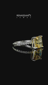 Silver Princess Cut Citrine Solitaire Ring with Round  Pavé Band and Prong Setting