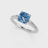 Silver Fancy Blue Cushion  Cut Channel Set Solitaire Engagement Ring with Four-Prong Setting