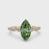 Yellow gold Fancy Green Marquise Cut Solitaire Diamond Ring with Pave Band and Four-Prong Setting