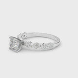 White gold Cushion Cut Diamond Side Stone Solitaire Ring with Round  and Four-Prong Setting