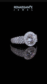 Silver Cushion Cut Halo Pavé Diamond Engagement Ring with Split Shank and Four-Prong Setting