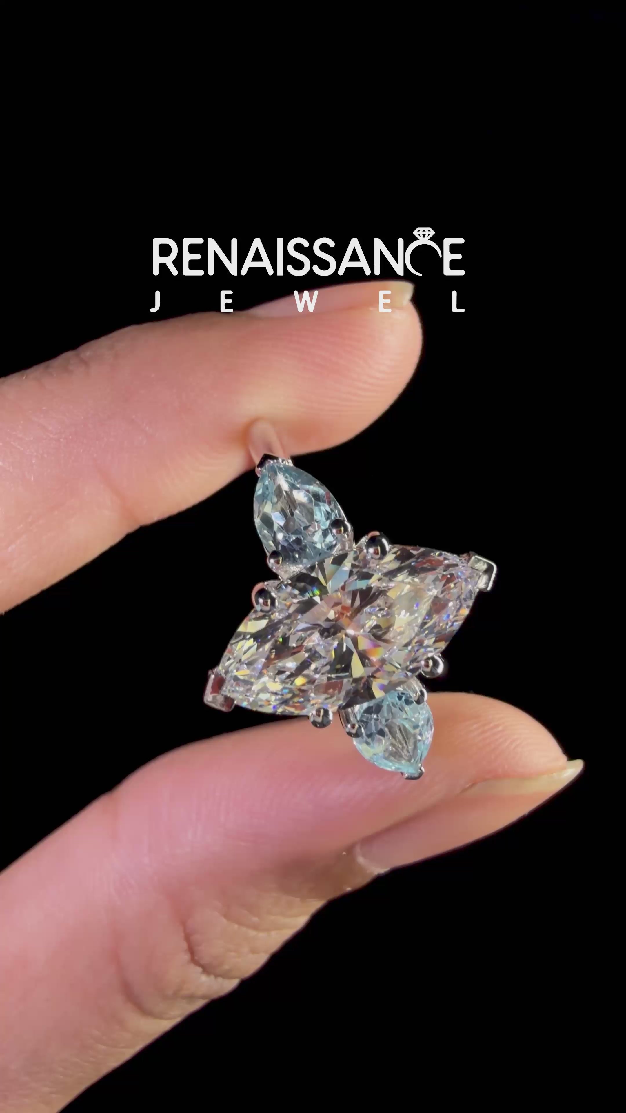 White gold Marquise Cut Diamond Three-Stone Ring with Pear Aquamarine Side Stones and Prong Setting_12