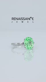 Silver Oval Cut Green Sapphire Solitaire Engagement Ring with Classic Band and Four-Prong Setting