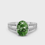 Silver Fancy Green Oval Cut Diamond Solitaire Engagement Ring with Split Shank Pavé Band