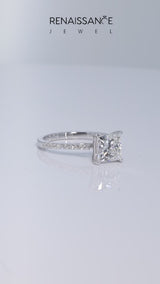 Platinum Princess Cut Solitaire Diamond Engagement Ring with Pave Band and Four-Prong Setting