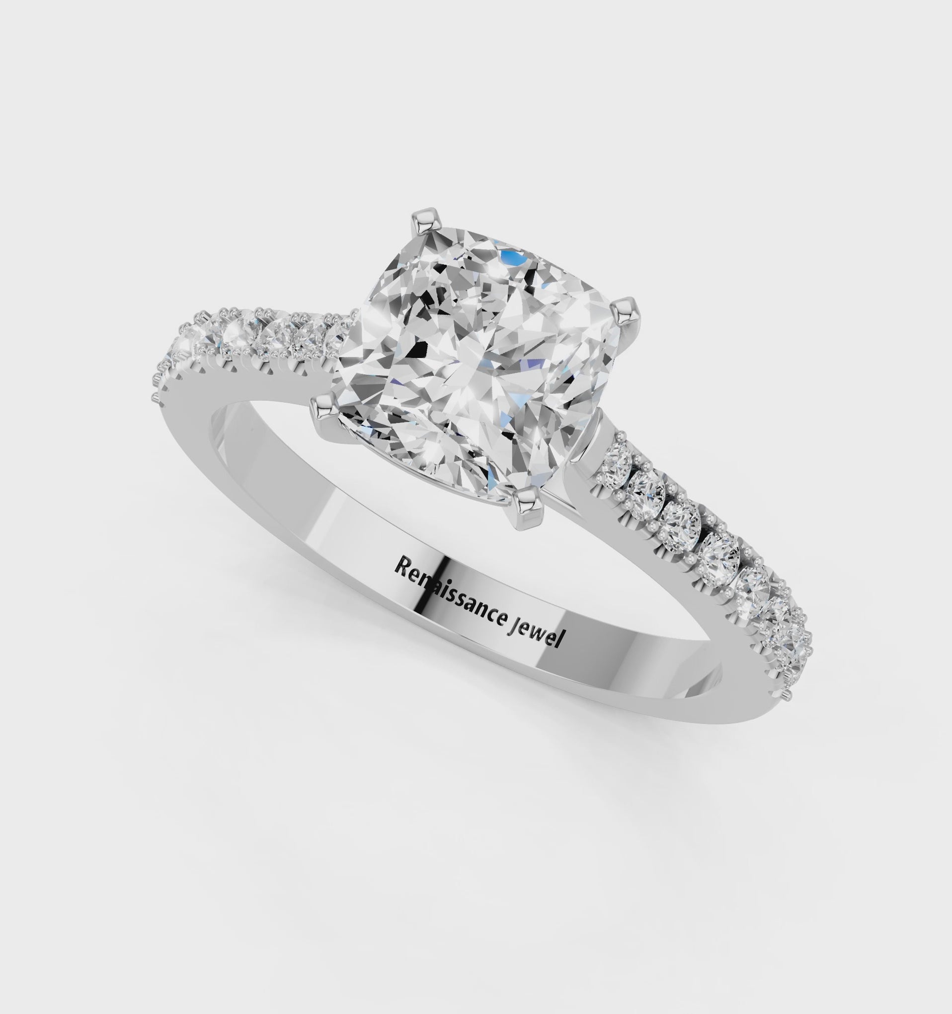White gold Cushion Cut Solitaire Diamond Engagement Ring with Pave Band and Four-Prong Setting_74