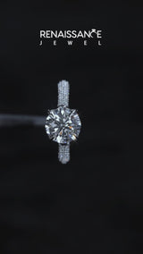 10K White Gold 4.05 Carat D VVS1 Round Cut Diamond Pavé Band Solitaire Ring with Four-Prong Setting