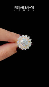 Yellow gold Round Halo Cluster Diamond Ring with Pave Band and Four-Prong Setting