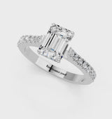 Silver Emerald Cut Solitaire Diamond Engagement Ring with Pave Band and Four-Prong Setting