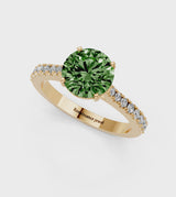 Yellow gold Fancy Green Round  Cut Solitaire Diamond Engagement Ring with Pave Band and Four-Prong Setting