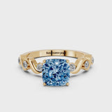 Yellow gold Fancy Blue Cushion  Solitaire Twisted Band with Prong Setting