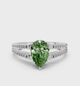 Platinum Fancy Green Pear Cut Diamond Solitaire Engagement Ring with Split Shank Pavé Band