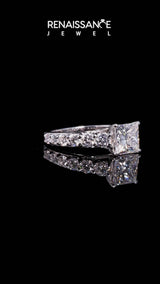 Silver Asscher Cut Diamond Engagement Ring with Pavé Band and Four-Prong Setting