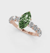 Rose gold Fancy Green Marquise Cut Diamond Prong Setting with Side Stones on a Pave Band
