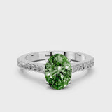 Silver Fancy Green Oval  Cut Solitaire Diamond Engagement Ring with Pave Band and Four-Prong Setting