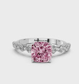 Silver Fancy Pink Cushion Cut Solitaire Diamond Ring with Pave Band and Four-Prong Setting