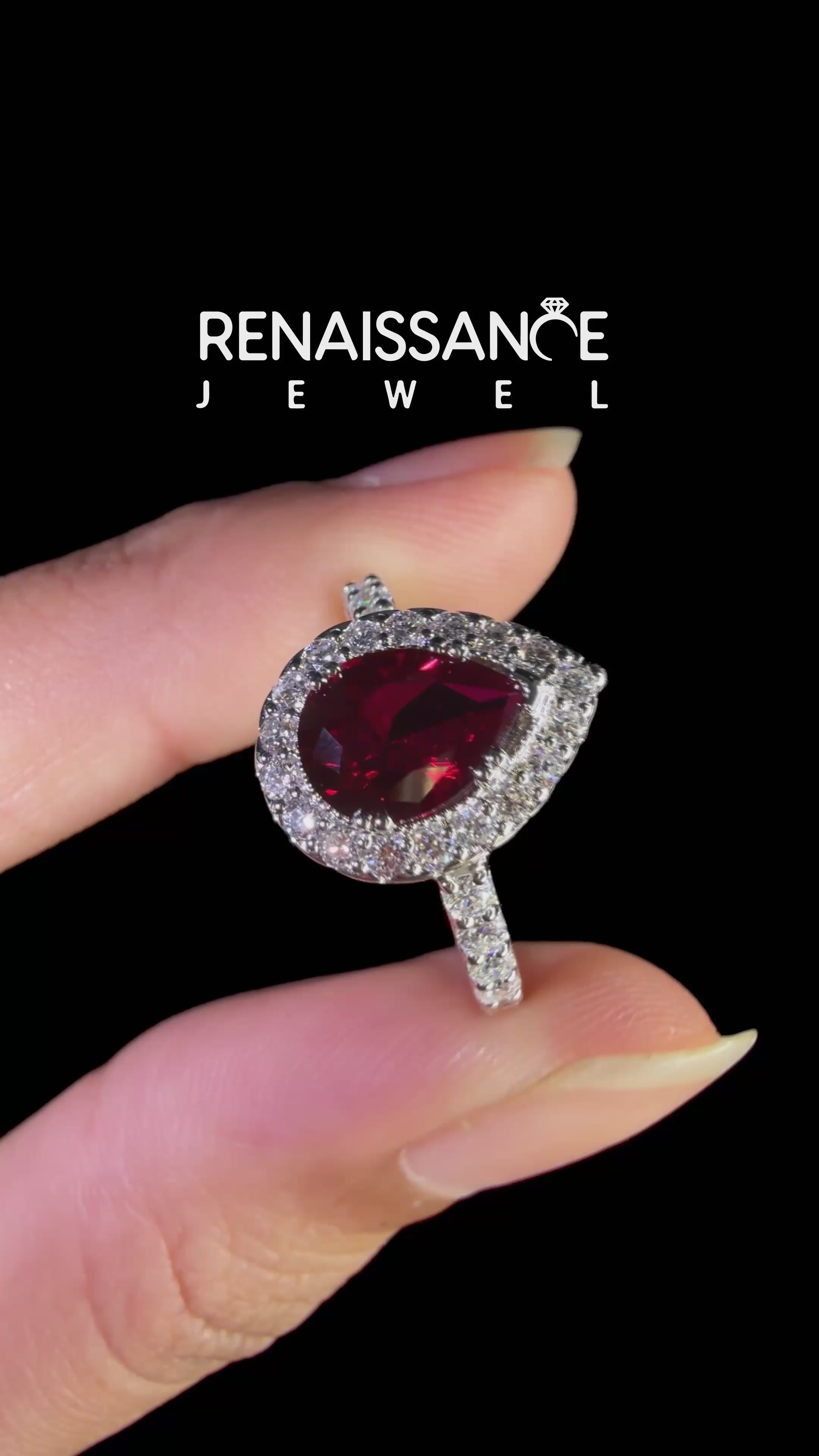 White gold Pear Cut Ruby Halo Ring with Pavé Band and Prong Setting_13