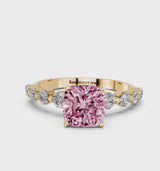 Yellow gold Fancy Pink Cushion Cut Solitaire Diamond Ring with Pave Band and Four-Prong Setting