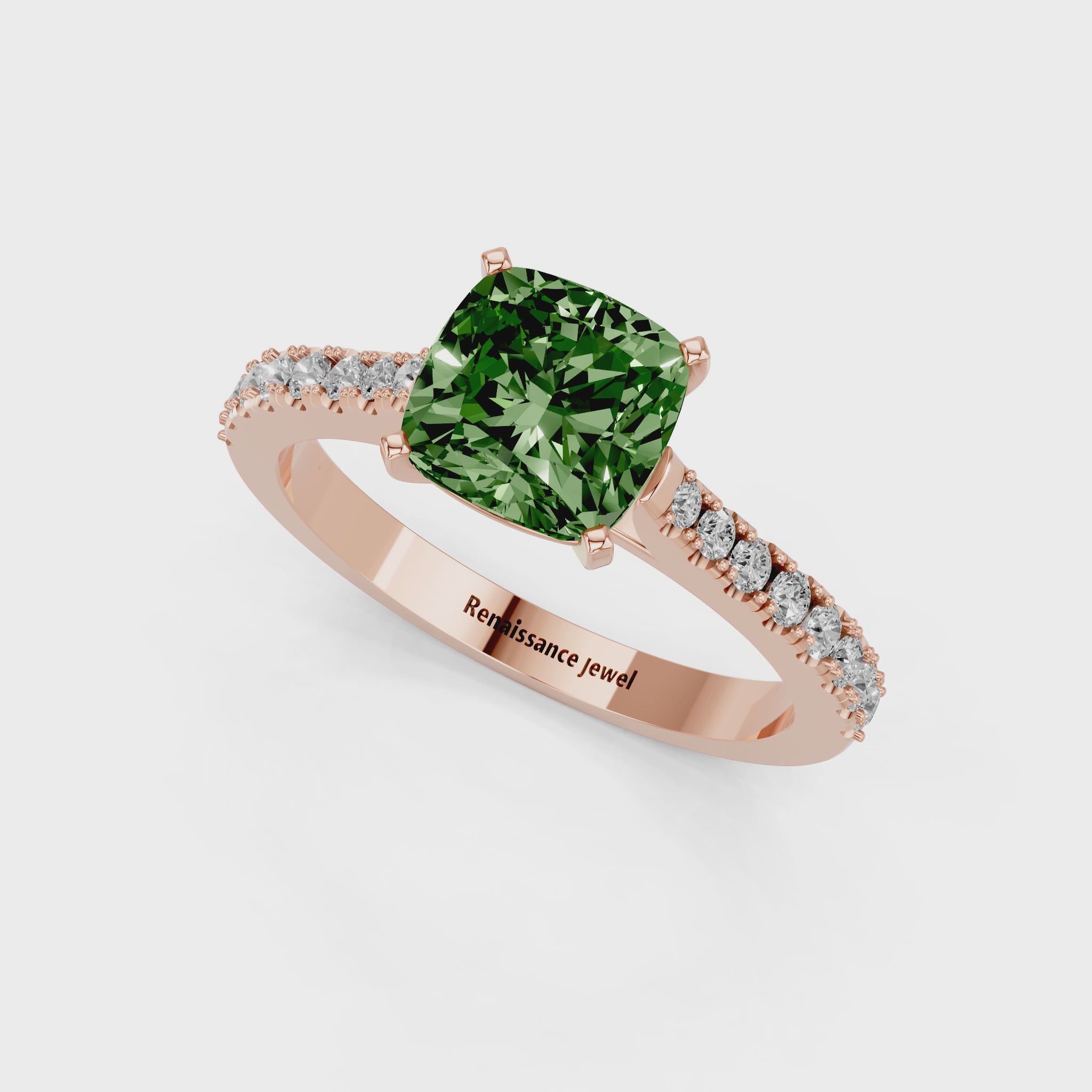 Rose gold Fancy Green Cushion  Cut Solitaire Diamond Engagement Ring with Pave Band and Four-Prong Setting_36
