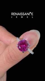 Silver Round Cut Pink Sapphire Solitaire Ring with Round  Pavé Band and Four-Prong Setting