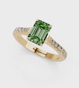 Yellow gold Fancy Green Emerald  Cut Solitaire Diamond Engagement Ring with Pave Band and Four-Prong Setting