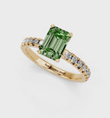 Yellow gold Fancy Green Emerald  Solitaire Pave Diamond Engagement Ring with Four-Prong Setting