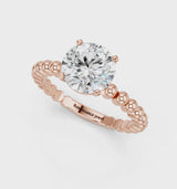Rose gold Round Cut Diamond Solitaire Ring with Beaded Band and Prong Setting