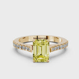 Yellow gold Fancy Yellow Emerald  Cut Solitaire Diamond Engagement Ring with Pave Band and Four-Prong Setting