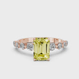 Rose gold Fancy Yellow Emerald Cut Solitaire Diamond Ring with Pave Band and Four-Prong Setting