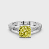 Platinum Fancy Yellow Cushion  Cut Solitaire Diamond Engagement Ring with Pave Band and Four-Prong Setting