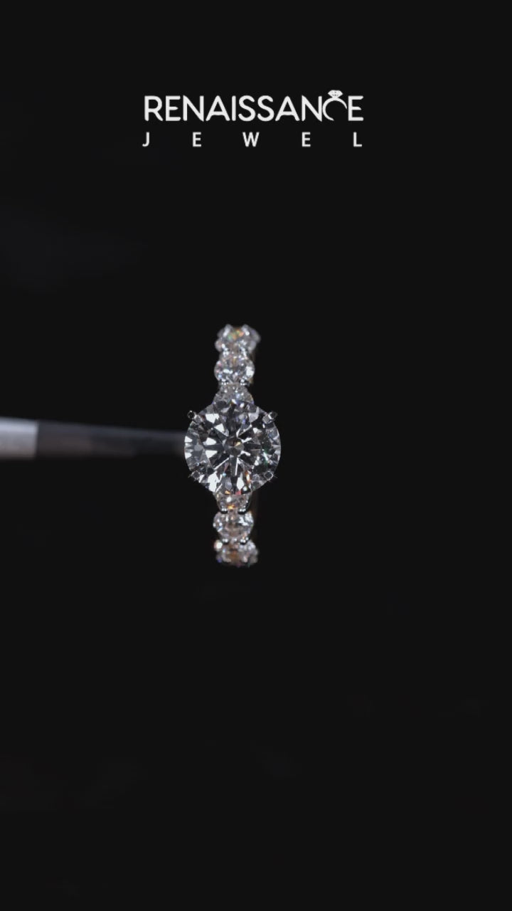 Yellow gold Round Diamond Prong Setting with Side Stones on a Pave Band 3