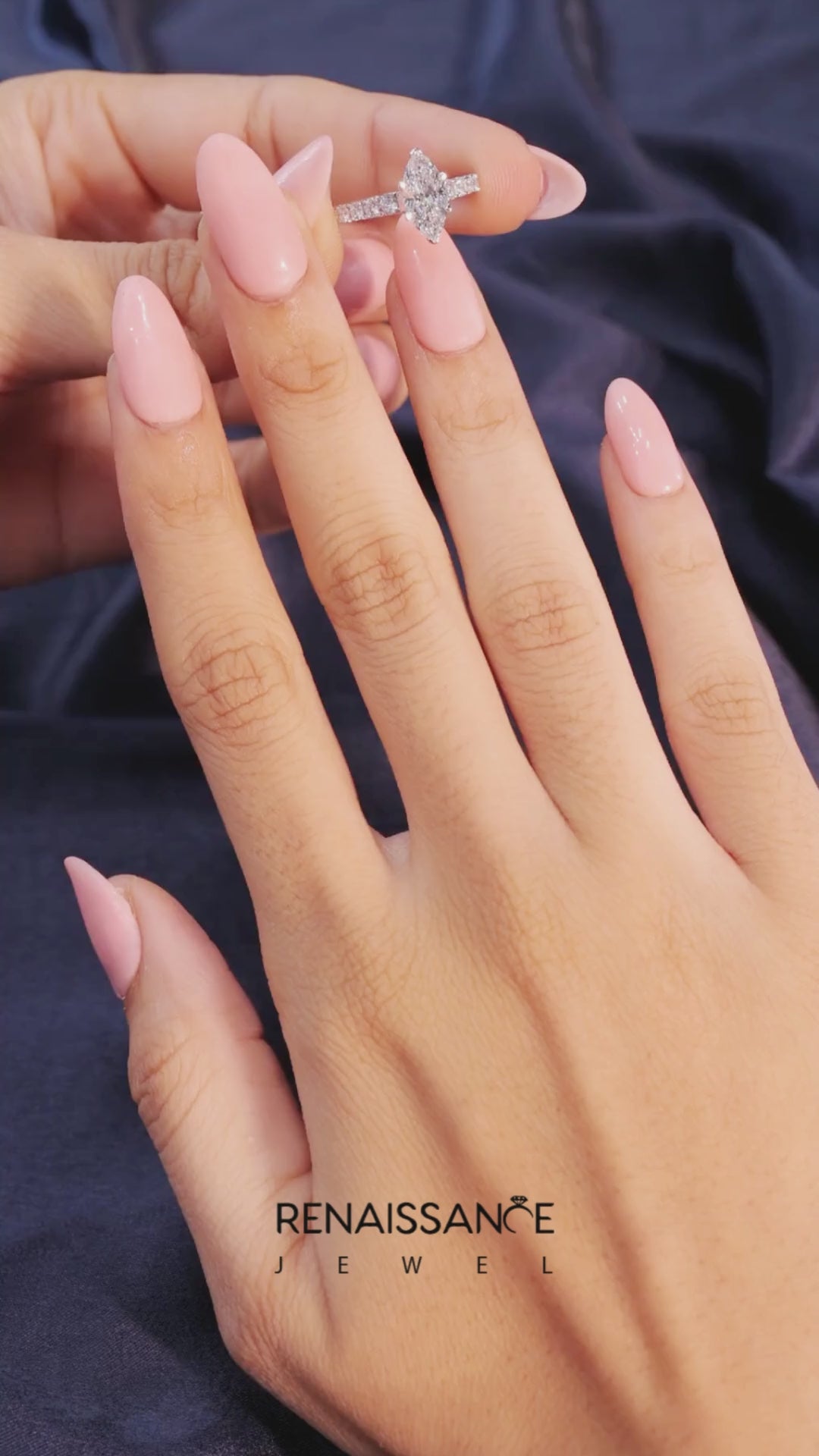 White gold Marquise Cut Diamond Solitaire with Pave Band and Four-Prong Setting 3