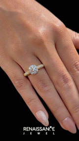Yellow gold Marquise Cut Diamond Solitaire Ring with Three-Row Pavé Band and Four-Prong Setting
