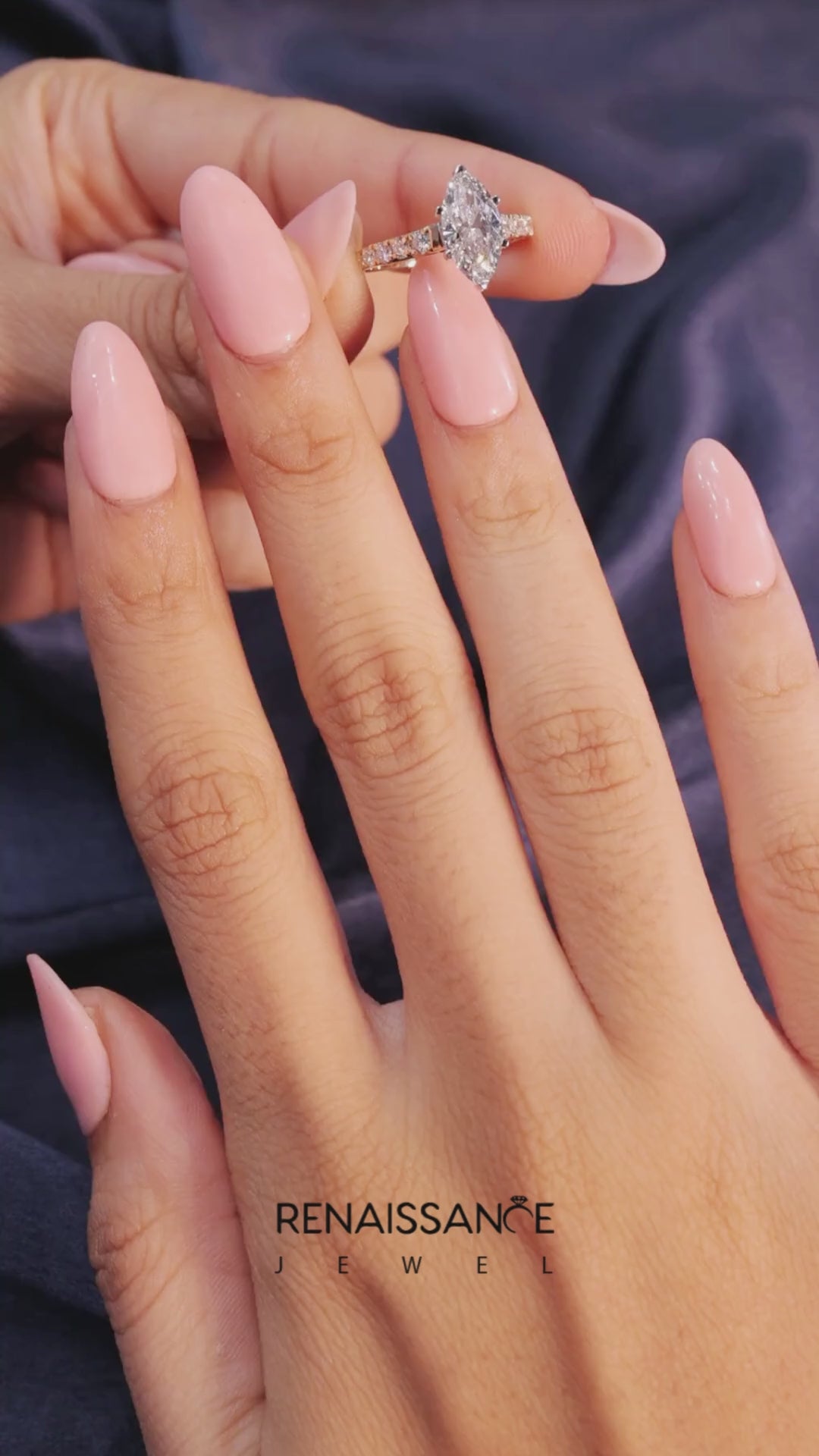 Yellow gold Marquise Cut Diamond Solitaire with Pave Band and Four-Prong Setting 3