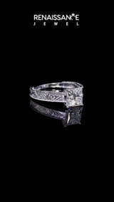 Platinum Princess Cut Diamond Solitaire Ring with Engraved Band and Four-Prong Setting
