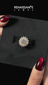 Yellow gold Round Halo Cluster Diamond Ring with Pave Band and Four-Prong Setting