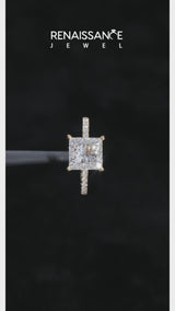 Yellow gold Princess Cut Diamond Solitaire Ring with Round  Pavé Band and Four-Prong Setting
