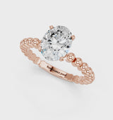 Rose gold Oval Cut Diamond Solitaire Ring with Beaded Band and Prong Setting