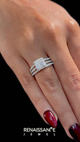Silver Cushion Cut Diamond Halo Engagement Ring with Split Shank and Four-Prong Setting