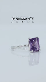 Silver Emerald Cut Amethyst Solitaire Engagement Ring with Round Band and Four-Prong Setting