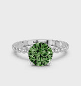 White gold Fancy Green Round Cut Diamond Solitaire Ring with Beaded Band and Prong Setting