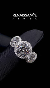 White gold Round Diamond Three-Stone Halo Ring with Prong Setting and Pavé Band